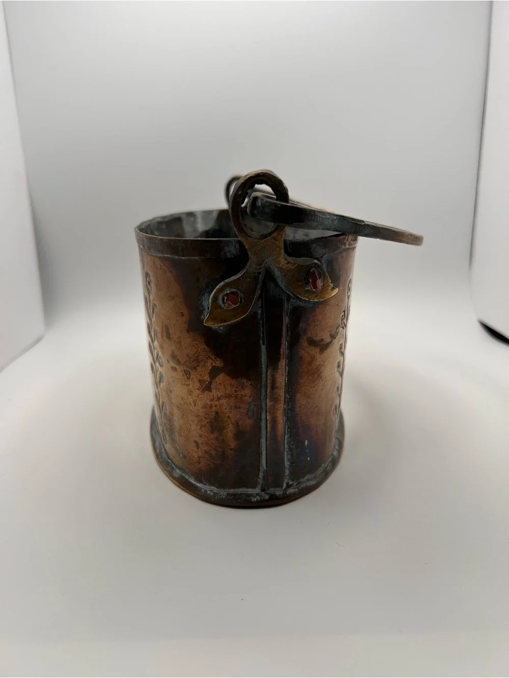 Vintage Brass Copper Handle Pot Engraved Beautiful Patina
